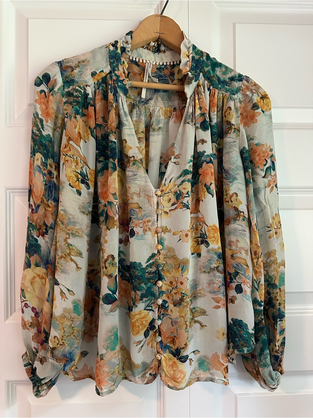 Anthropologie Floral Peasant Blouse in Teal, Peach, Yellow